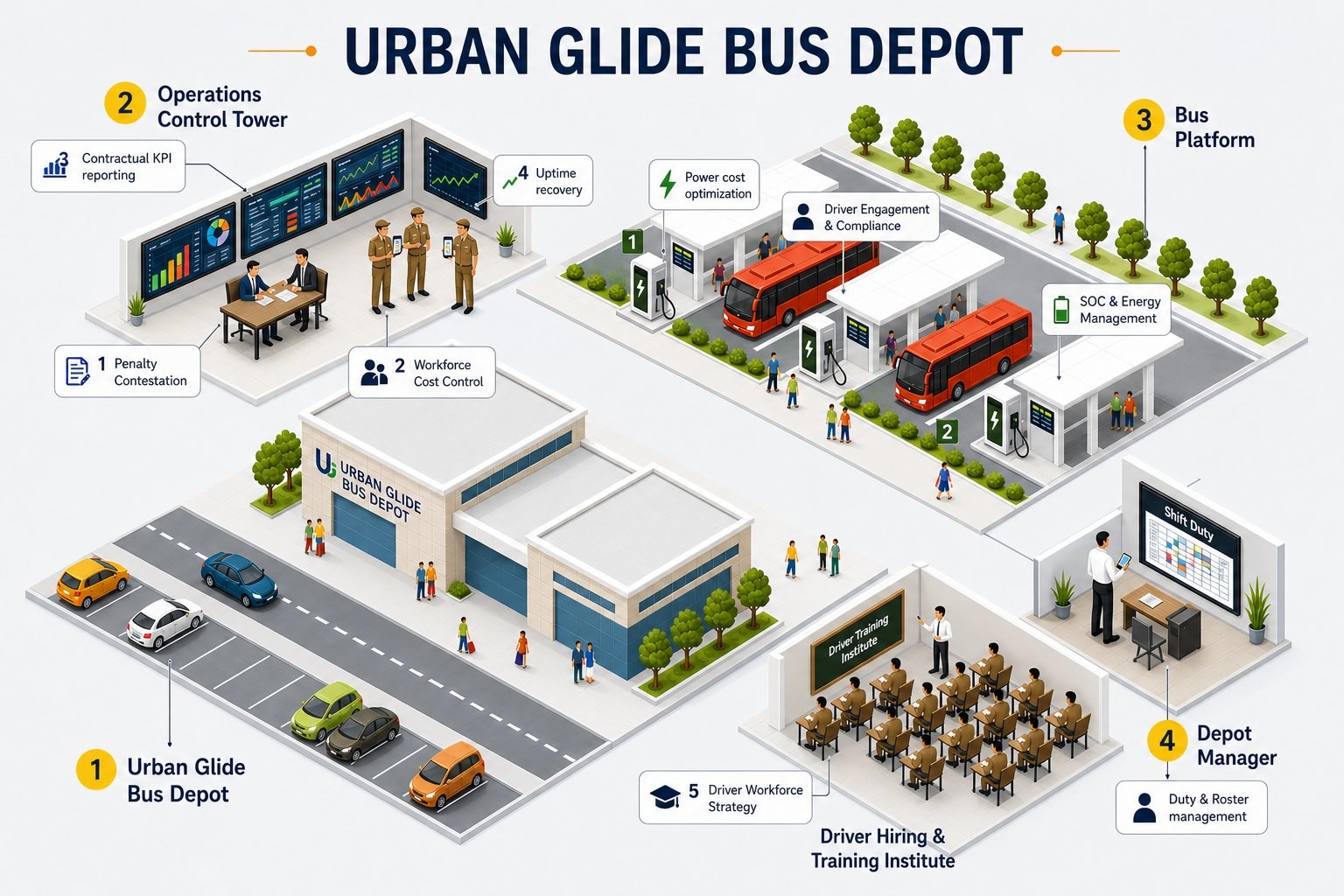 Urban Glide Bus Depot &mdash; annotated platform map